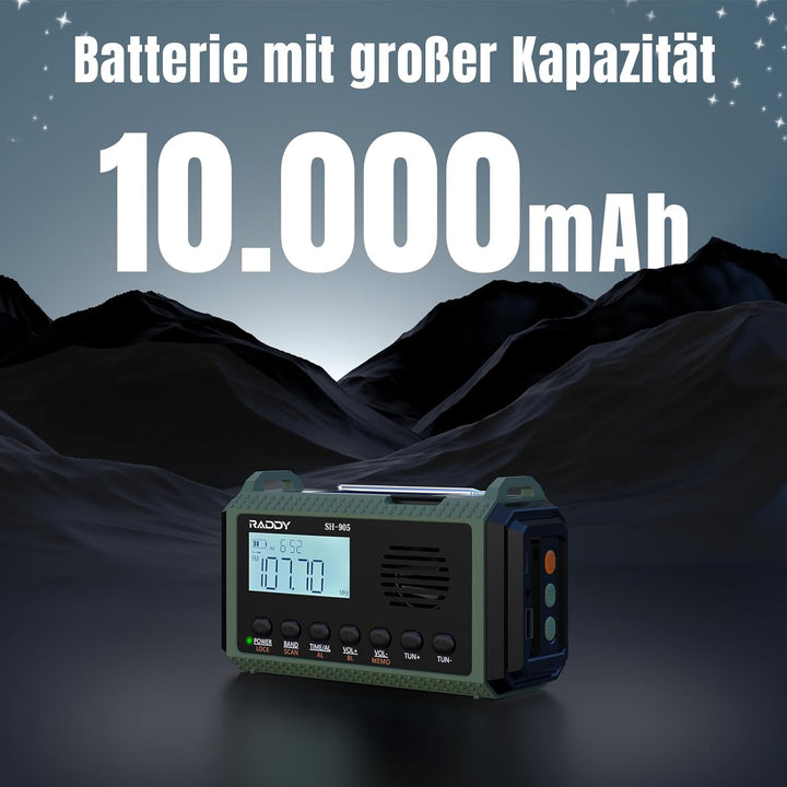 [11.500mAh Leistungskapazität] SW/AM/FM Kurbelradio Raddy SH-905, Solar Notfallradio, Tragbares Wied