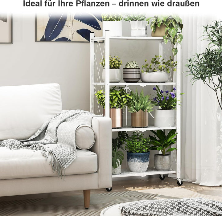 ALANNG Blumenständer mit Rädern, 4 Ablagen Stabiler Pflanzenständer, Metall Pflanzenregal Indoor Ein