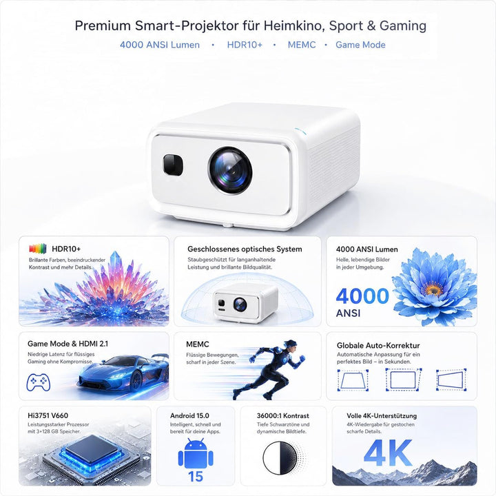 Premium Beamer 4000 ANSI Lumen, Projektor 4K Support Full HD 1080P, Android 15 Smart Beamer mit 3GB+