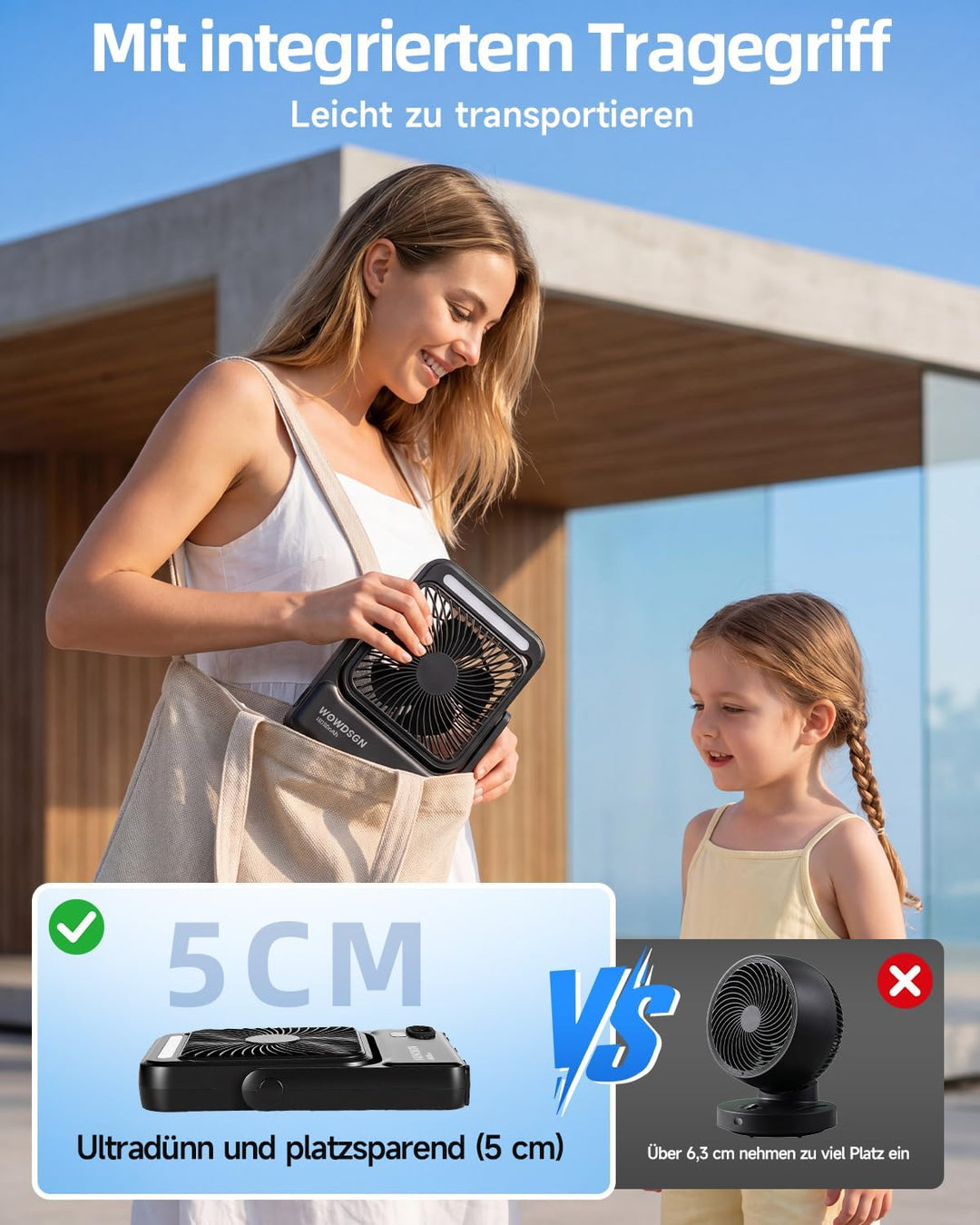 WOWDSGN 𝐌𝐚𝐠𝐧𝐞𝐭𝐢𝐬𝐜𝐡𝐞𝐫 Ventilator 𝟏𝟎𝟎𝟎𝟎𝐦𝐀𝐡 Akku, Tischventilator USB mit LED-Nachtlicht &amp; Haken, Power