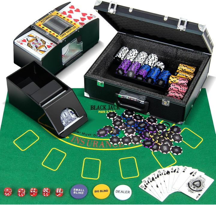 DREAMADE Pokerkoffer mit 300 Laser Poker Chips/ 2 Pokerkarten Set/Kartenmischer/Kartengeber/Spielmat