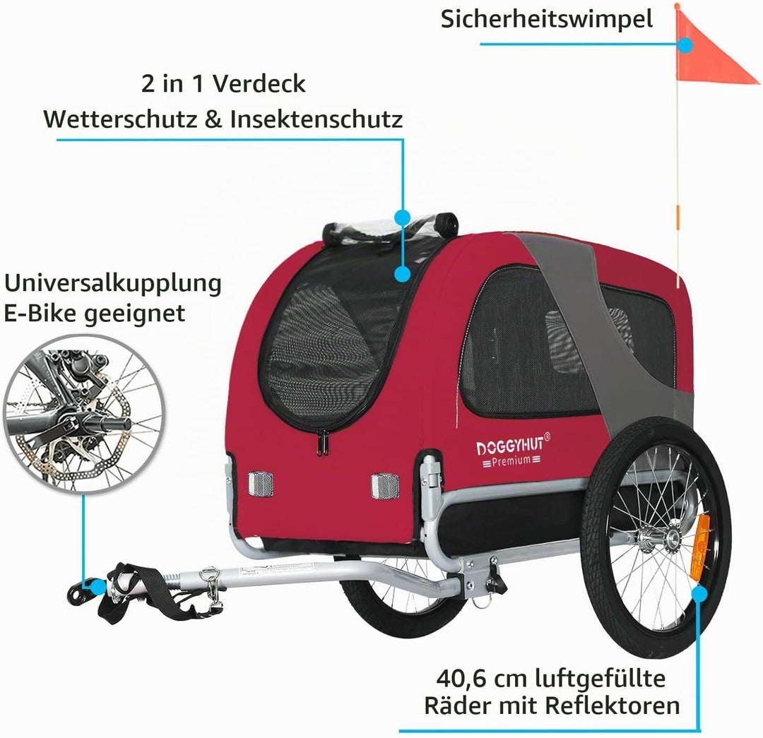 DOGGYHUT® Premium MEDIUM Fahrrad Hundeanhänger für Hunde bis 23 kg Fahrradanhänger Klappbar ROT, ROT