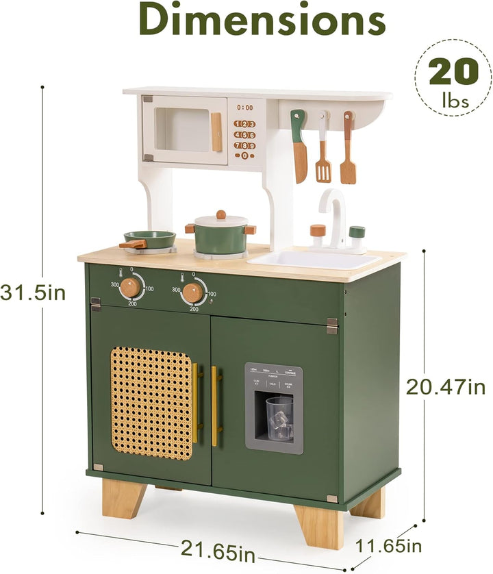 ROBOTIME Retro-Spielzeugküche aus Holz für Kinder, inklusive Mikrowelle, Eiswürfelspender, Rattannet