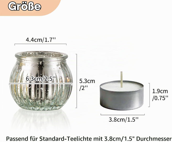 NUPTIO Glas Teelichtgläser Teelichthalter Teelichtglas: 12 Stück Silber Teelichter Halter Set Geripp