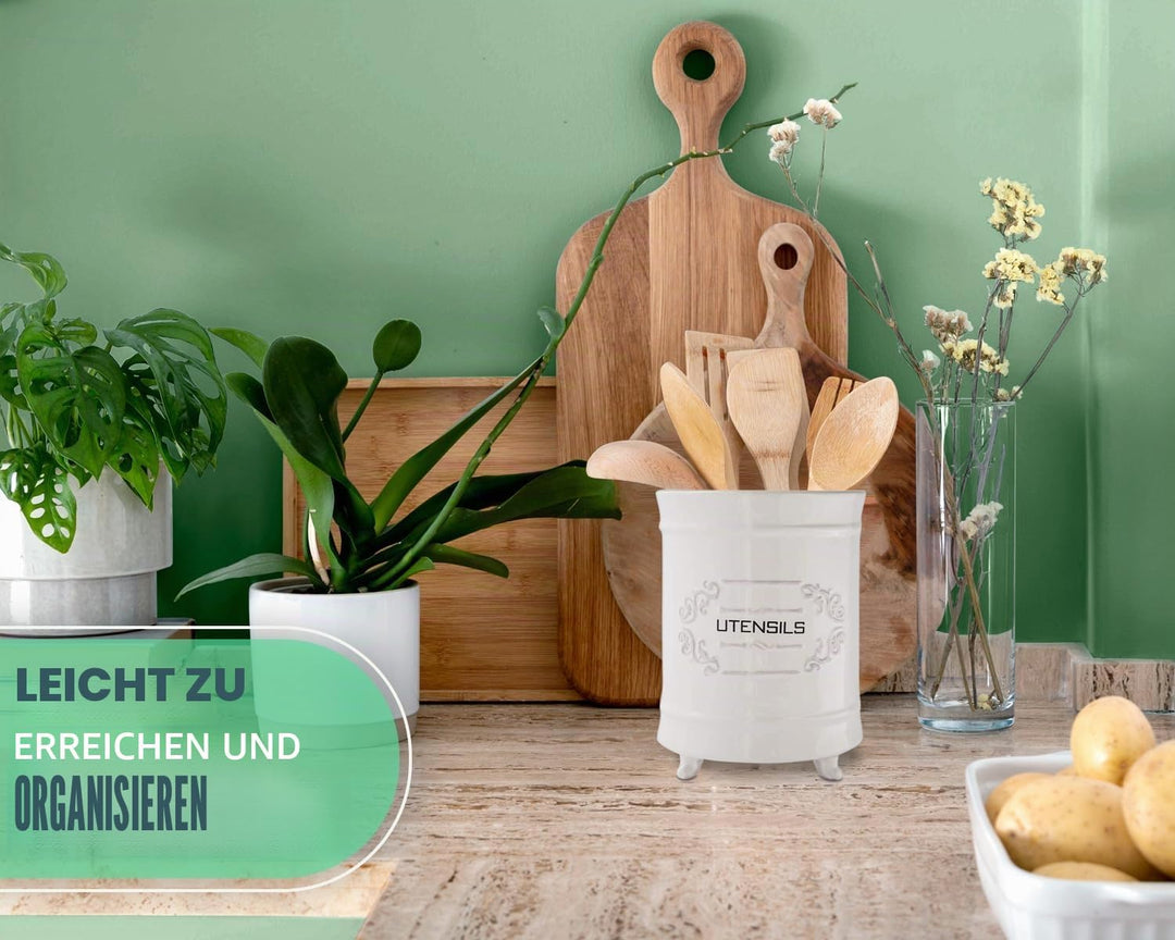 Comfify Französischer weisser Keramik-Utensilienhalter - Vintage Style Kochgeschirr Caddy - Antikes