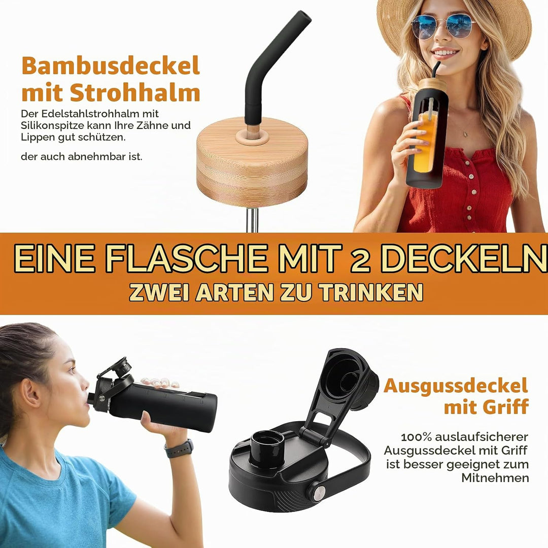 BLUEGO 600ml Glaswasserflasche mit Strohhalm und 2 Deckeln Kaffeetasse aus Glas mit Zeitmarkierung u