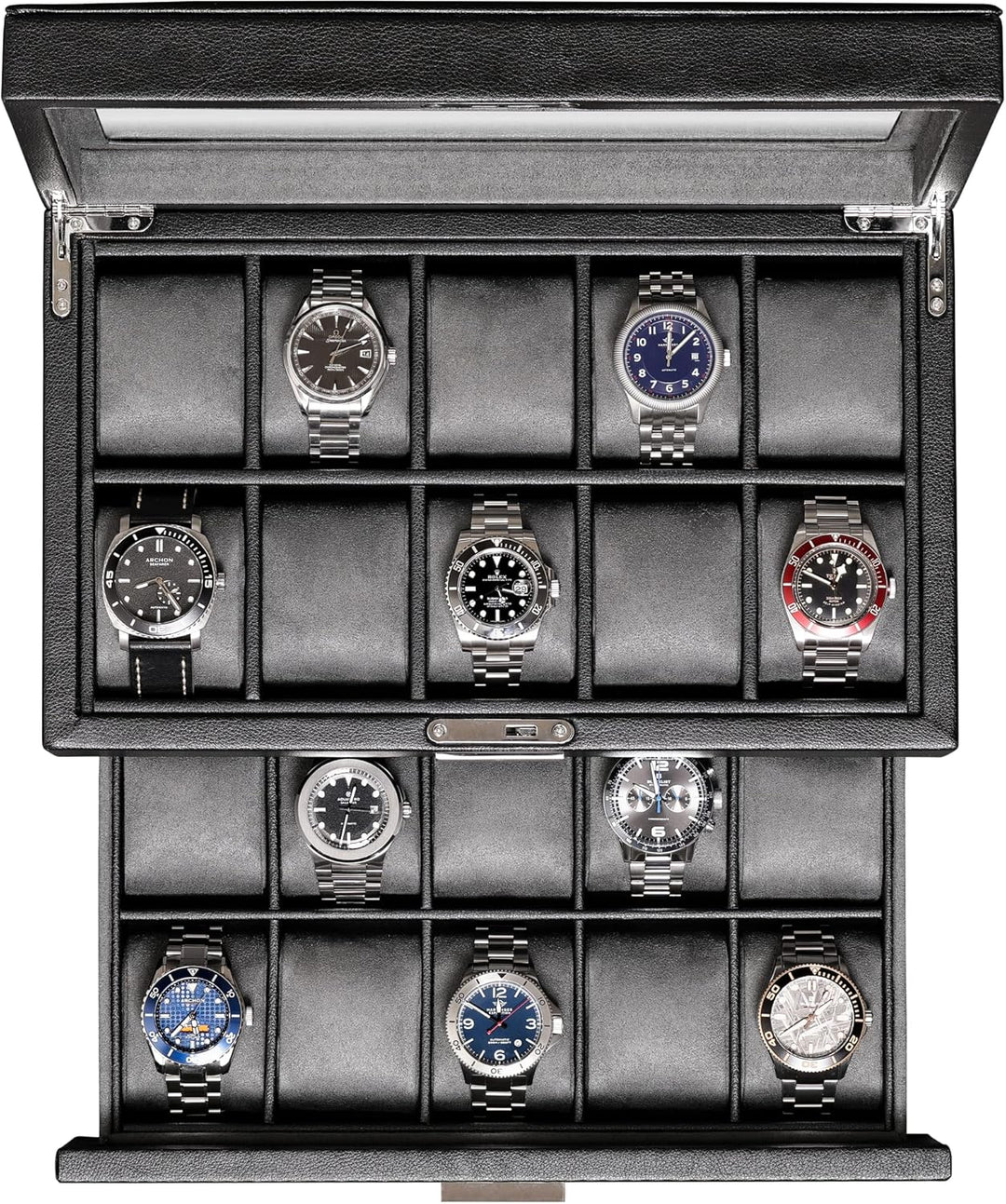 ROTHWELL Uhrenbox aus Leder mit 20 Fächern, luxuriöses Uhrengehäuse, Schmuck-Organizer, verschliessb
