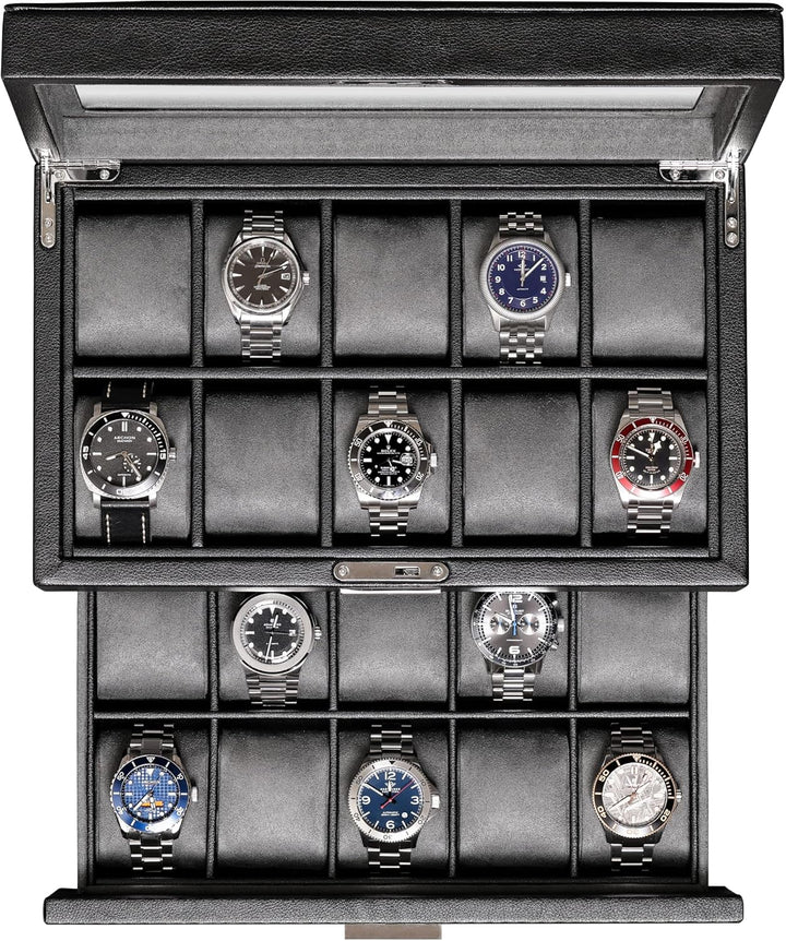 ROTHWELL Uhrenbox aus Leder mit 20 Fächern, luxuriöses Uhrengehäuse, Schmuck-Organizer, verschliessb