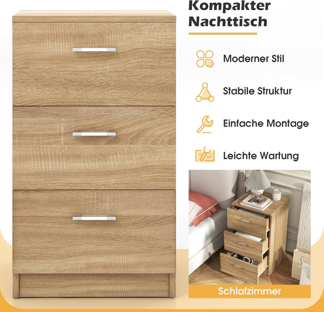 COSTWAY 2er Set Nachttisch mit 3 Schubladen, Nachtschrank für Boxspringbett, Nachtkommode, Nachtkons