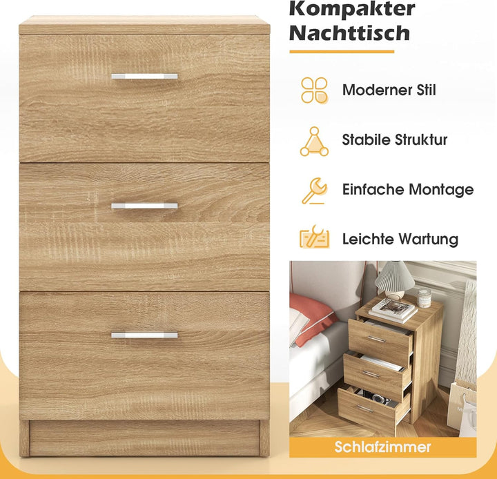 COSTWAY 2er Set Nachttisch mit 3 Schubladen, Nachtschrank für Boxspringbett, Nachtkommode, Nachtkons