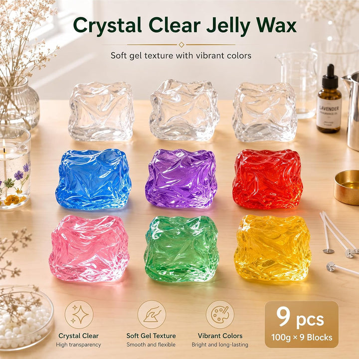 Gel Wachs Kerzen Bausatz,9pcs–7 Farben weiches Geleewachs für Gelwachskerzen, inklusive Dochte, Doch