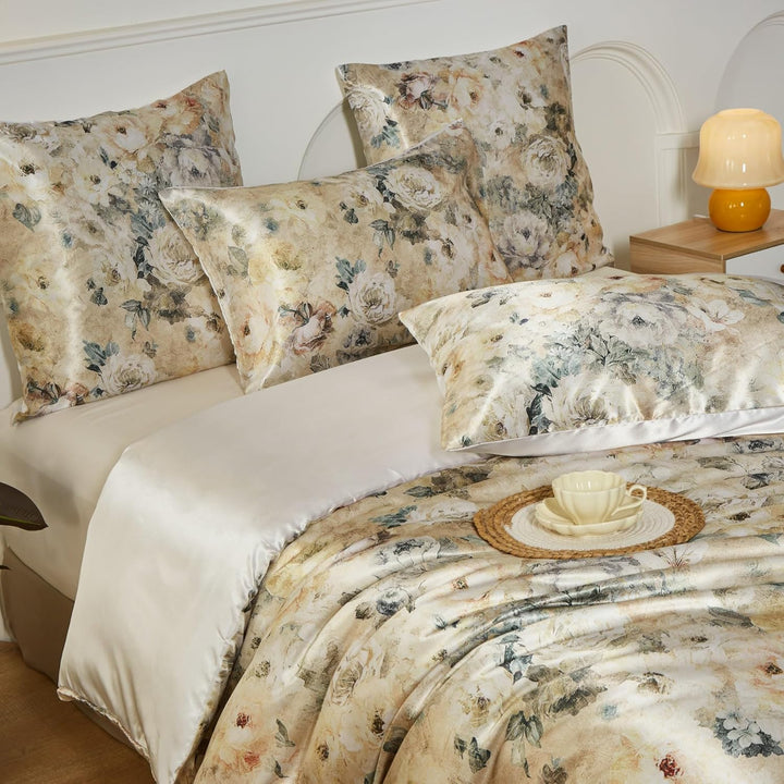 Satin Bettwäsche 135x200 4teilig Beige Blumen Motive Satin Bettwäsche Glänzend Glatt Deluxe Bettbezu