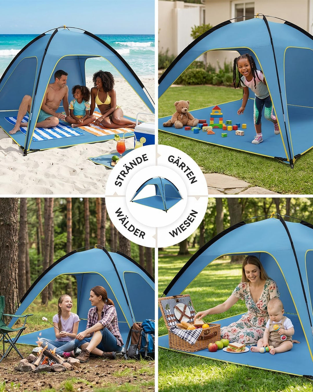 MYMULIKE Strandzelt UV50+ Sonnenschutz, 210x210x130cm 4-6 Personen, 190T Polyester mit 8mm Fiberglas