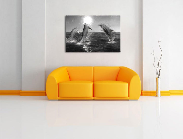 Pixxprint springende Delphine im Meer Kohle Effekt, Format: 100x70 auf Leinwand, 100x70