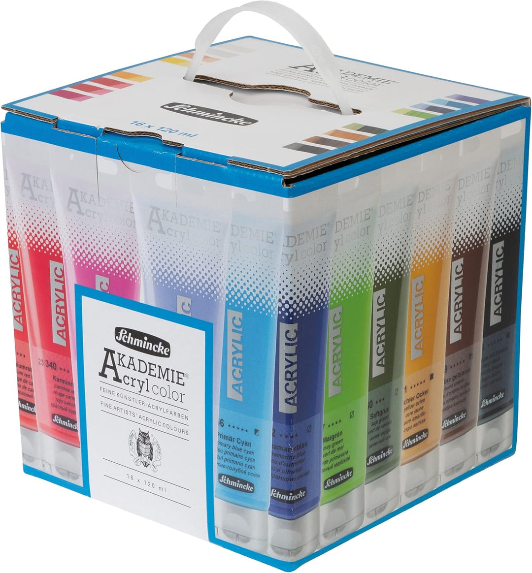 Schmincke – AKADEMIE® Acryl, Value Pack 16 x 120 ml-Tuben, Kartonset, brillante, farbstarke, hoch li
