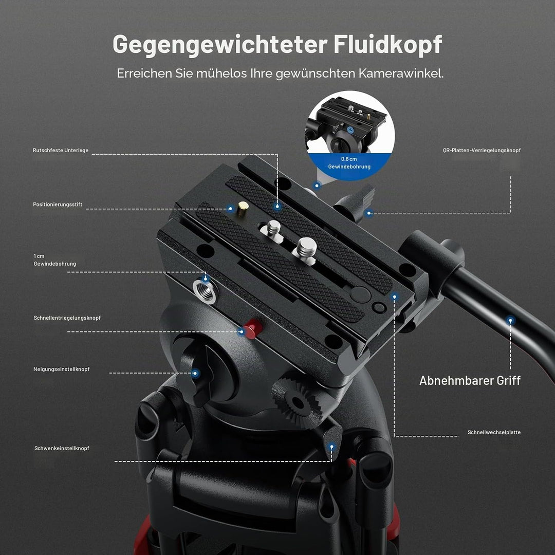 NEEWER Basic 74“ Videostativ mit Fluidkopf [Basisversion], Metall Kamerastativ mit sanfter Reibungsd