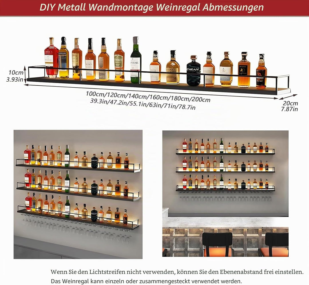 Modernes Wand Weinregal Metall, 3 Ebenen Wandmontage Wine Display-Ständer mit Glashalter, Schwebende