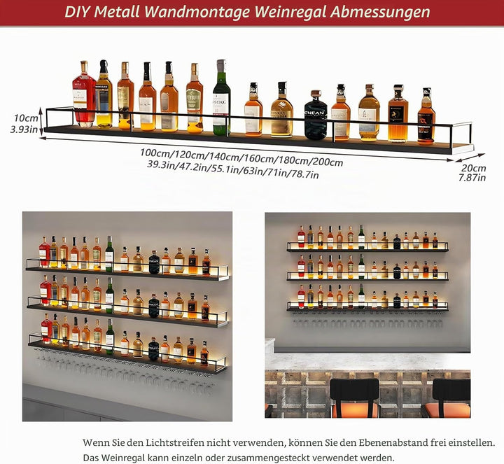 Modernes Wand Weinregal Metall, 3 Ebenen Wandmontage Wine Display-Ständer mit Glashalter, Schwebende