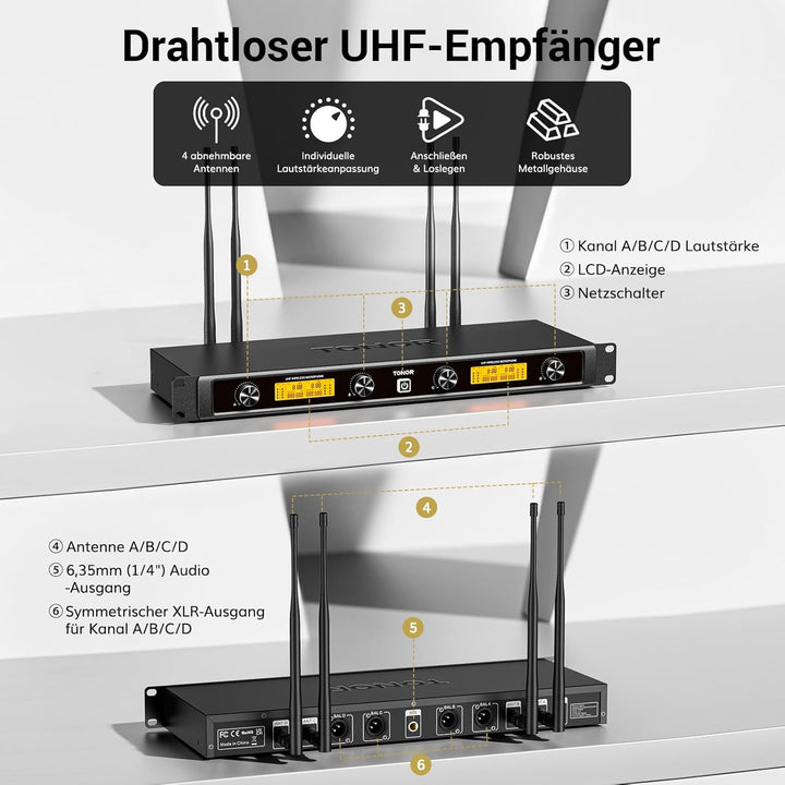 TONOR UHF Funkmikrofon Set, professionelles dynamisches Drahtlos-4er-Mikrofonsystem mit 4 Handmikrof