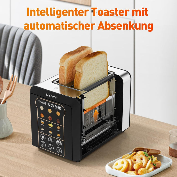 Secura Toaster - 2 Toastschlitze, 6 Stufen und 6 Brotsorten, Automatische Liftfunktion, Brötchenaufs