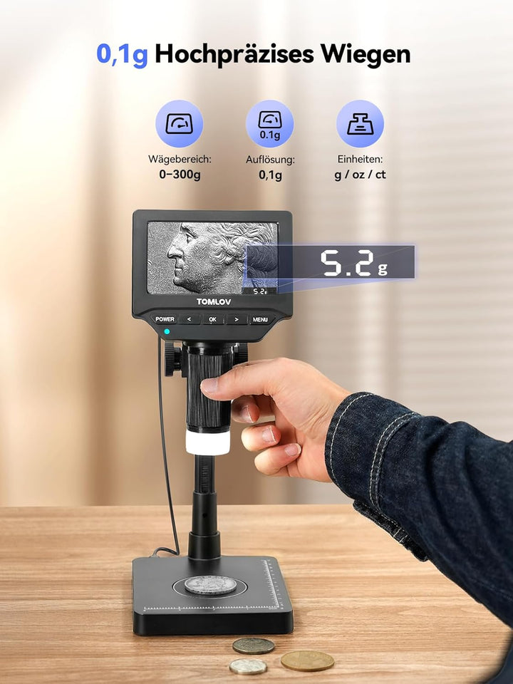 TOMLOV DM4W Mikroskop Digital mit Waage: Münzmikroskop mit 4,3" IPS-Bildschirm, USB Münzlupe mit LED