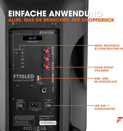 Fenton FT10LED, Partybox Bluetooth Box gross, 450 W Akku Musik Box, Karaoke Machine, MP3, SD, USB, 1