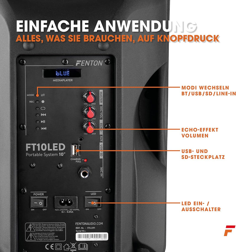 Fenton FT10LED, Partybox Bluetooth Box gross, 450 W Akku Musik Box, Karaoke Machine, MP3, SD, USB, 1