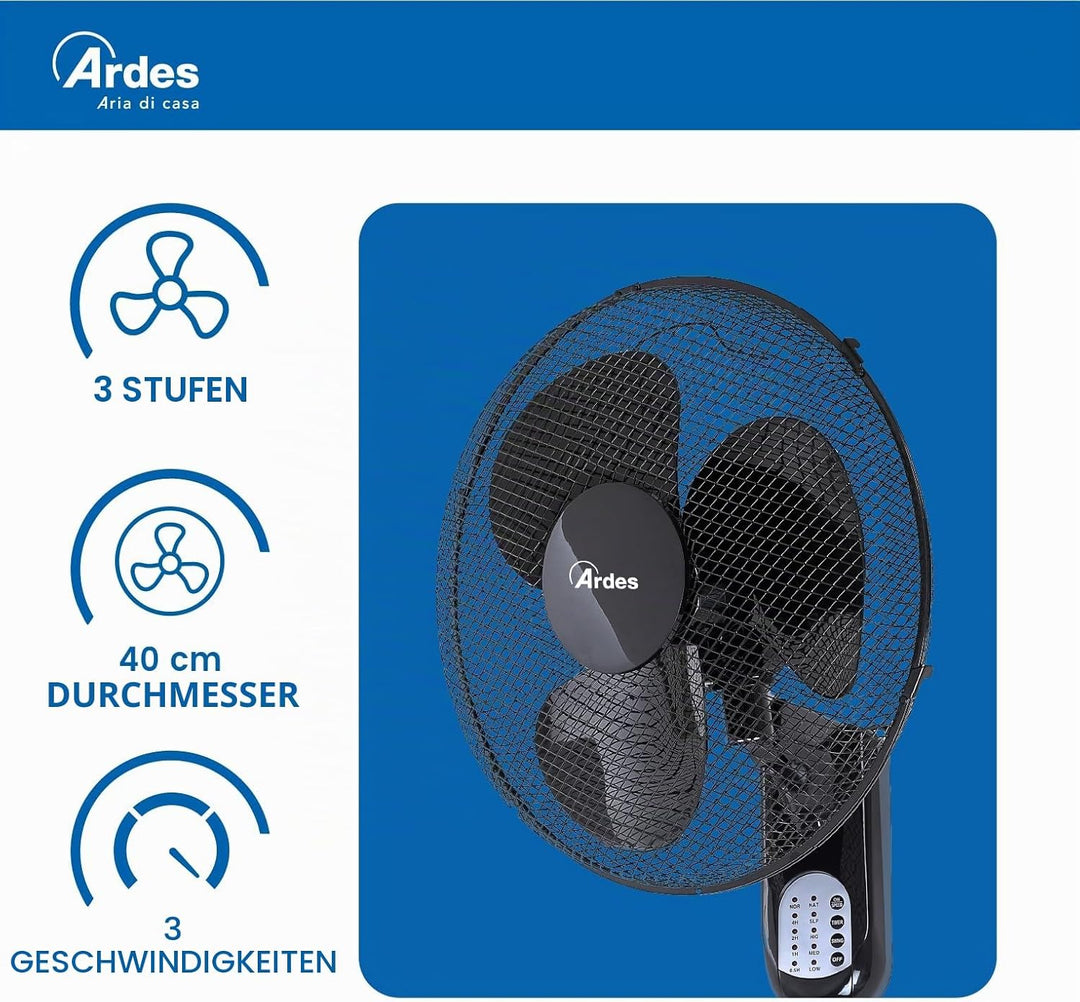 ARDES - AR5W40R Wandventilator mit 3 rotierenden Flügeln (40 cm), Fernbedienung, automatische Oszill