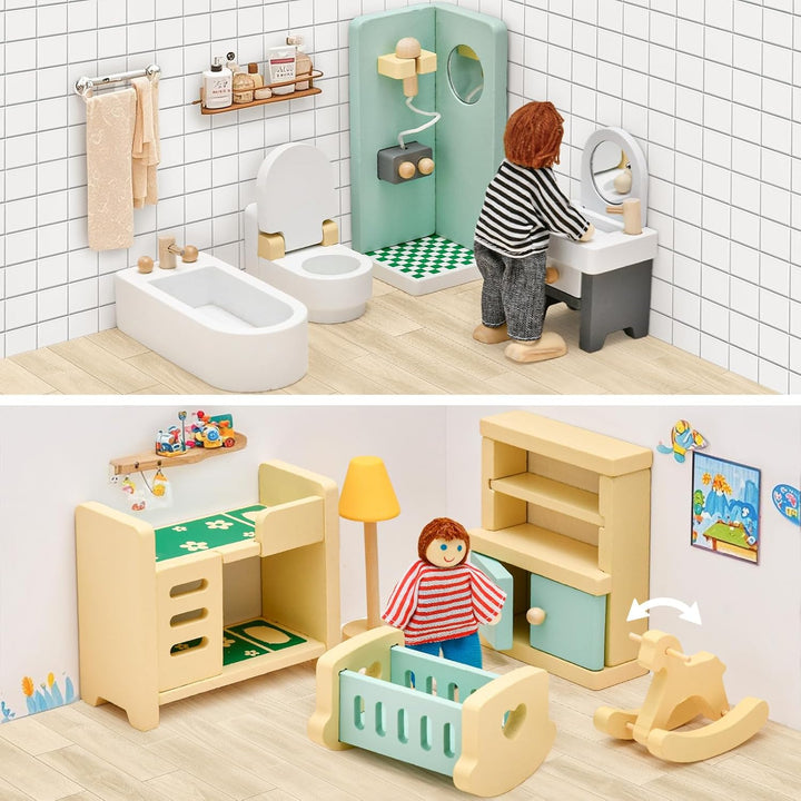 Atoylink Bunt Puppenhaus Möbel Set aus Holz, Puppen Zubehör Spielzeug mit Puppenhaus Puppen, Rollens