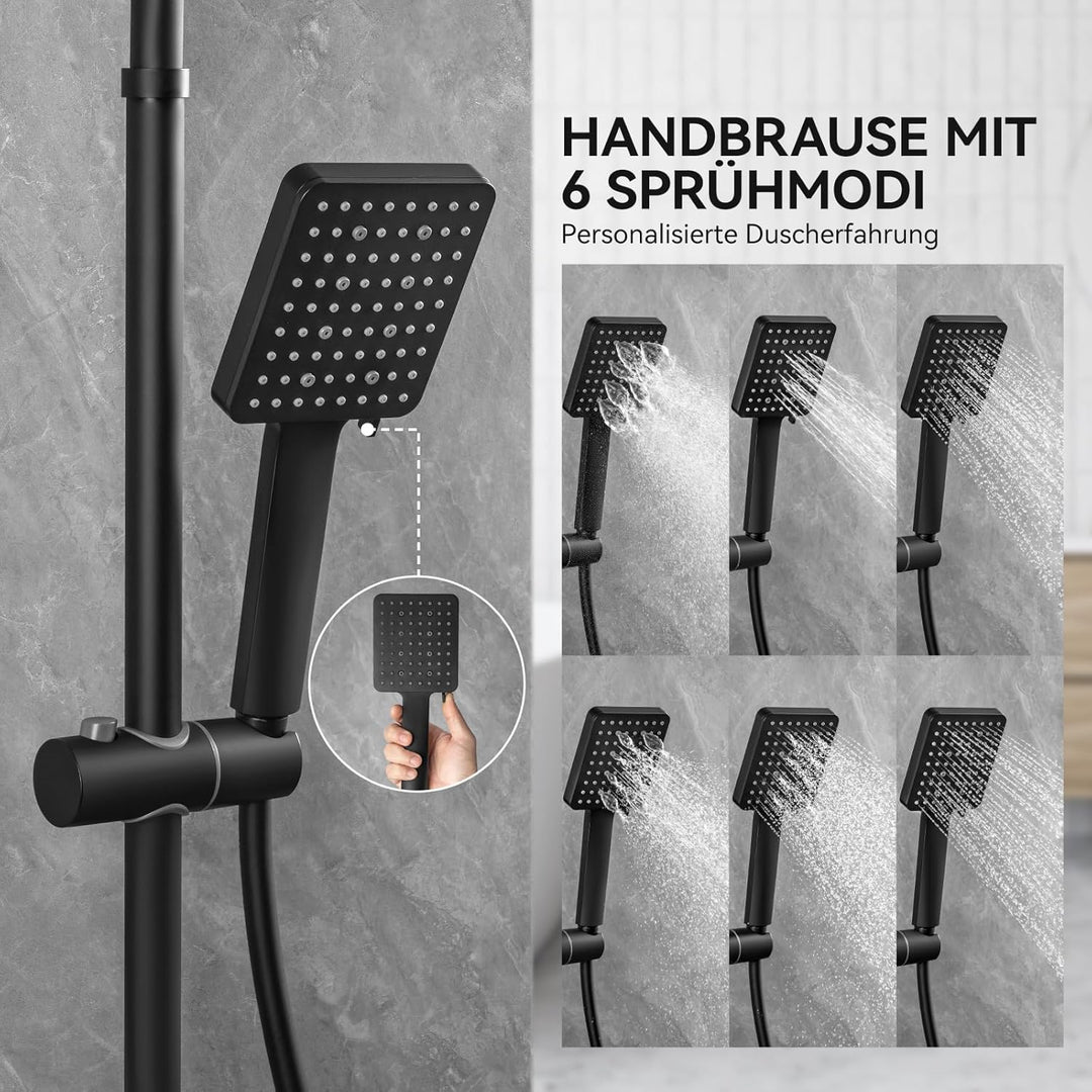 Auralum Thermostat Duschsystem Komplettset Schwarz mit 30cm Edelstahl Regendusche, 6 Strahlarten Han
