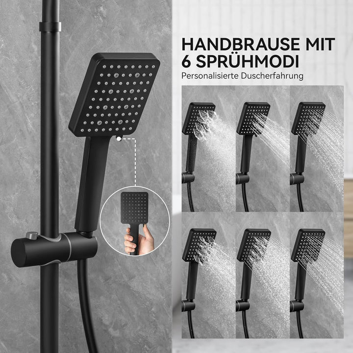 Auralum Thermostat Duschsystem Komplettset Schwarz mit 30cm Edelstahl Regendusche, 6 Strahlarten Han