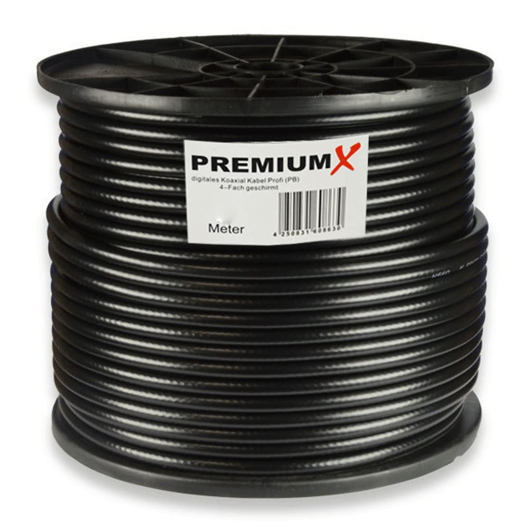 PremiumX 100m Profi Koaxialkabel Schwarz 135dB 4-Fach REINES Kupfer Koax Kabel Satellitenkabel SAT A