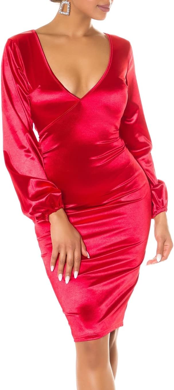 Koucla Rückenfrei Satin Look V-Neck Midi Cocktail Kleid mit Deko Schleife M Rot, M Rot