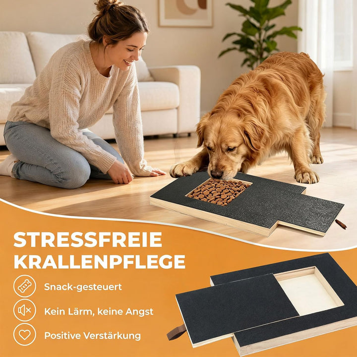Krallenschleifer für Hunde - 35x25x3cm Holz Scratch Hund mit Leckerlibox, Inklusive Enthaarer und 2x