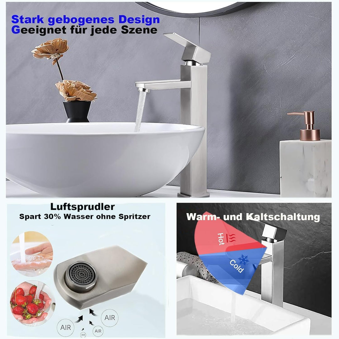 Edelstahl-Mischungshahn in hohem Stil, tropffrei mit leiser Einhand-Armatur für Bad, Waschbecken, kl
