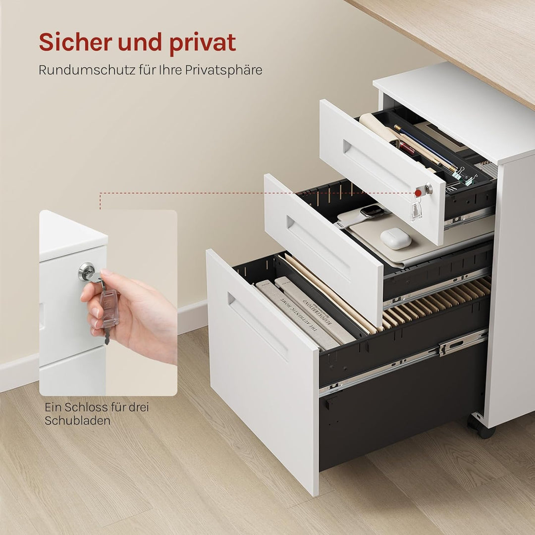 WOLTU Rollcontainer Metall, Mobiler Aktenschrank Büroschrank mit 3 Schubladen Bürocontainer, abschli
