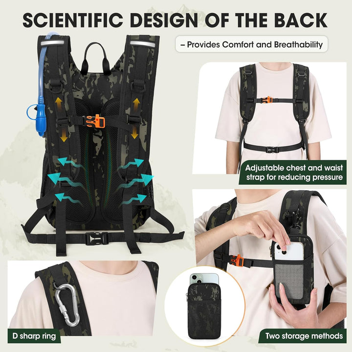 RAINSMORE Wanderrucksack 18L mit 2L Blase & Regenschutz | Leichter Trinkrucksack für Laufen, Radfahr