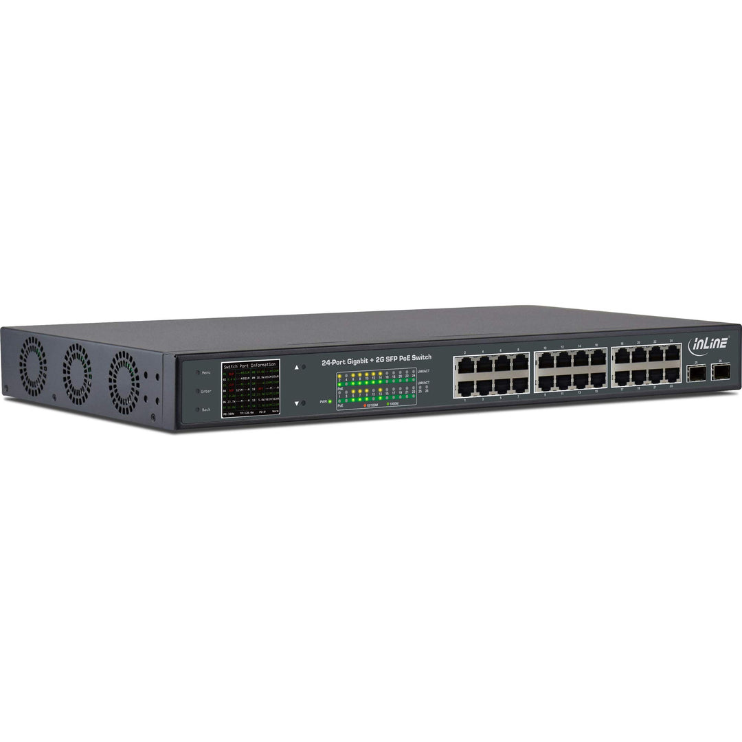 InLine 32324P PoE+ Gigabit Netzwerk Switch 24 Port, 1GBit/s, 2xSFP, 19", Metall, Lüftersteuerung, mi