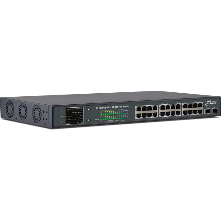 InLine 32324P PoE+ Gigabit Netzwerk Switch 24 Port, 1GBit/s, 2xSFP, 19", Metall, Lüftersteuerung, mi