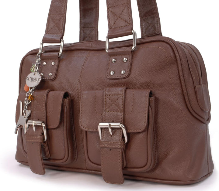 Catwalk Collection Handbags - Damen Leder Henkeltasche - Handtasche Mittelgross mit Viele Fächer - C