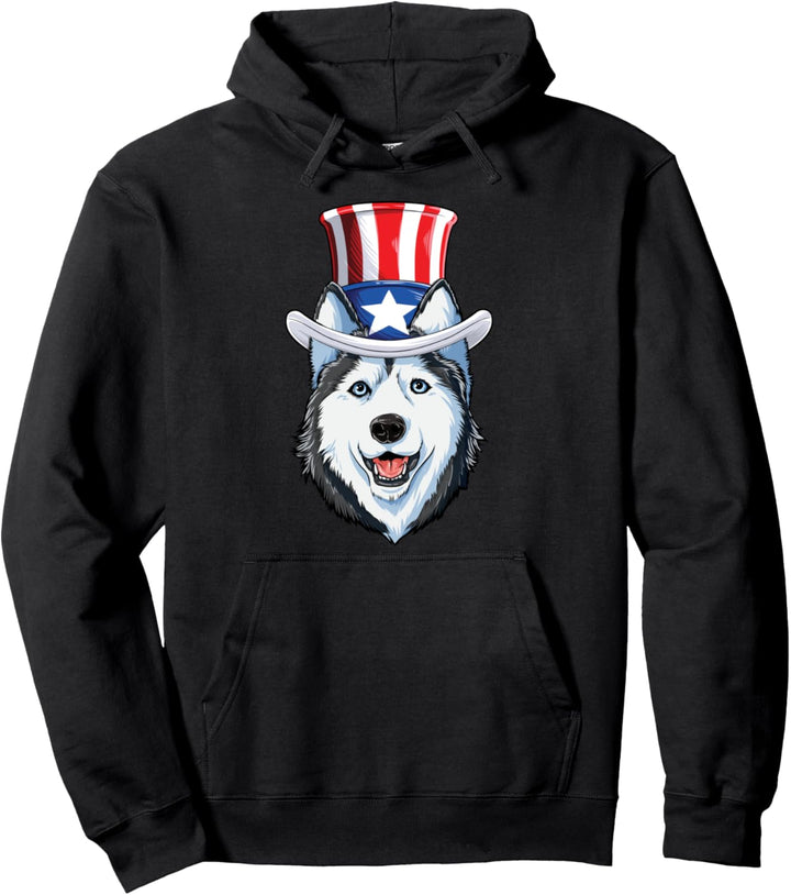 Siberian Husky 4th of July Uncle Sam Men American Flag Hat Pullover Hoodie