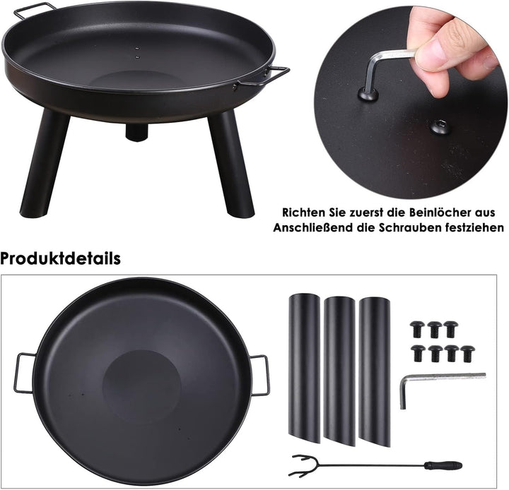 Feuerschalen für den Garten 60cm, Feuerschale mit Griffen, Multifunktionale feuerstelle mit schürhak