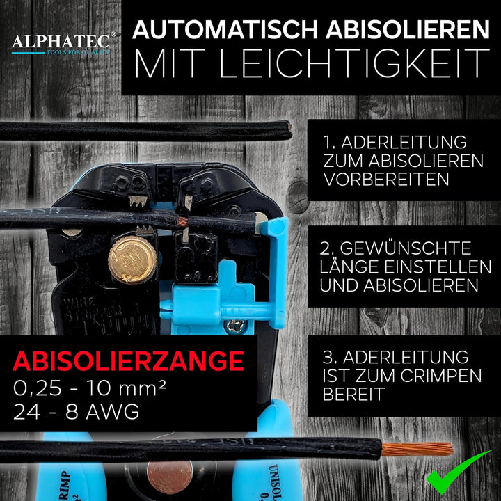 ALPHATEC® Crimpzange Set mit Wechselbacken inkl. automatische Abisolierzange - [0,25-10mm²] - Crimpz