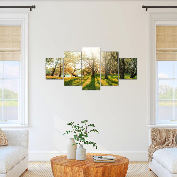 Runa Art Bild Schlafzimmer Wohnzimmer Wald Landschaft 5 Teilig Sonne Grün Wandbilder auf Vlies Leinw