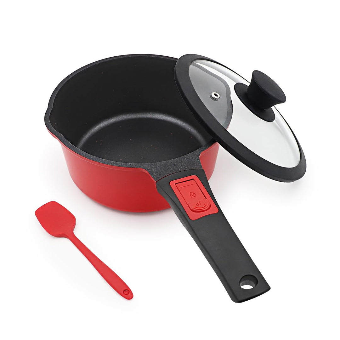 Bobikuke Kasserolle 16cm mit Deckel, 1.5L Antihaft-Stielkasserolle mit Abnehmbarer Griff, Milchtopf