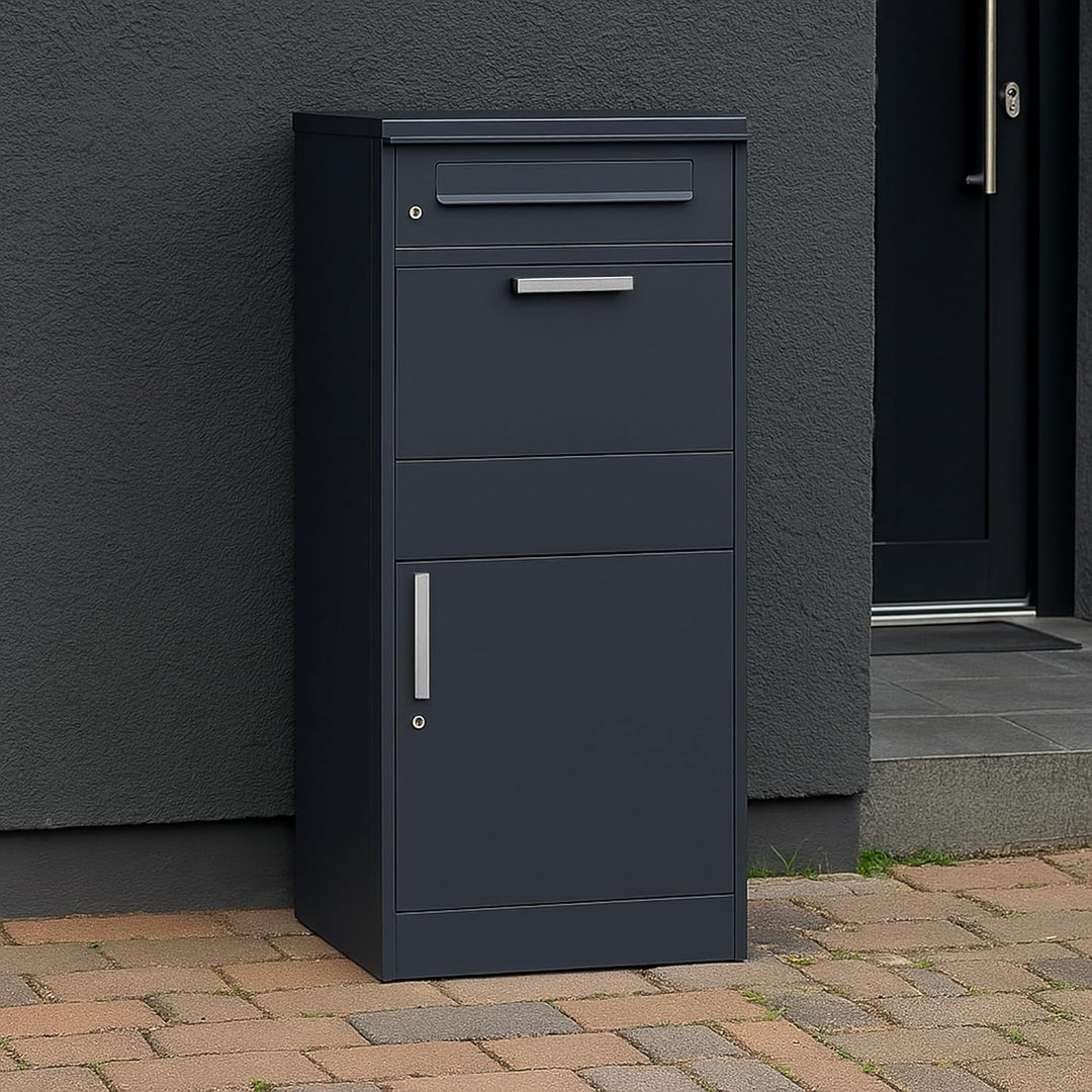 Zelsius Briefkasten mit Paketfach Neptun | pulverbeschichteter Stahl mit Edelstahl Elementen | RAL70