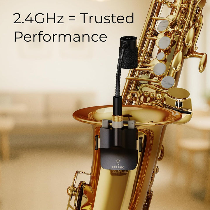 NUX B-6 Kabelloses Saxophonsystem mit Ladekoffer, 20 Meter Betriebsreichweite, 24 Bit/44,1 kHz High