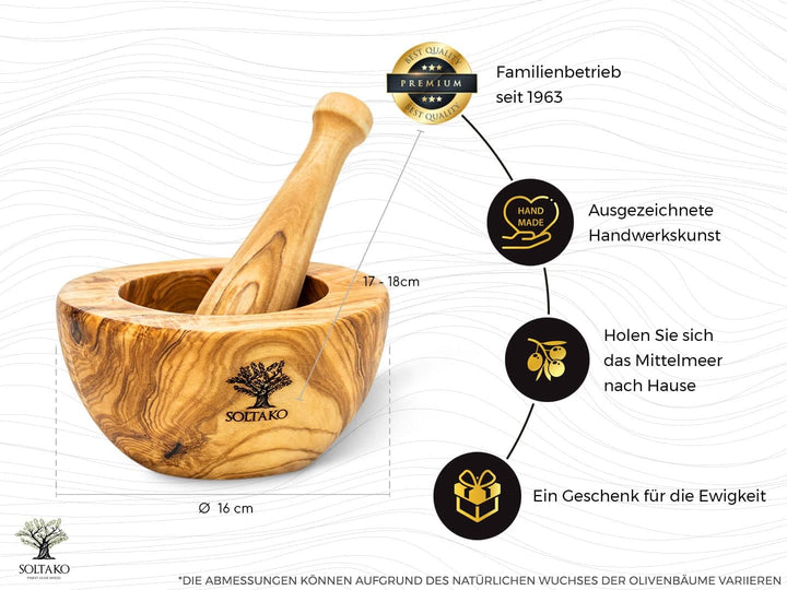 SOLTAKO Olivenholz Mörser &amp; Stössel Set - Mörser - Holzmörser - nachhaltiger Kräuter-, Gewürz-Mörser