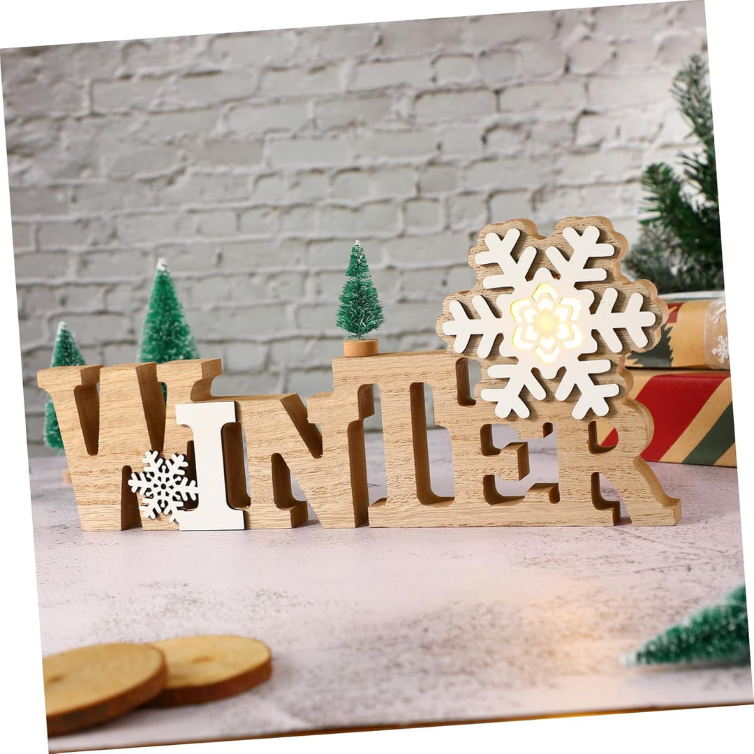 Garneck Holz-Tischdekoration, Winter-Holzschild, LED-Schneeflocke, Mittelstück, freistehend, Holzsch