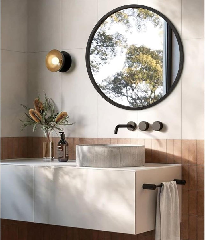 JJUUYOU Spiegel mit Holzrahmen, kreisförmig, Wandmontage, für Badezimmer, Schlafzimmer, Wohnzimmer,